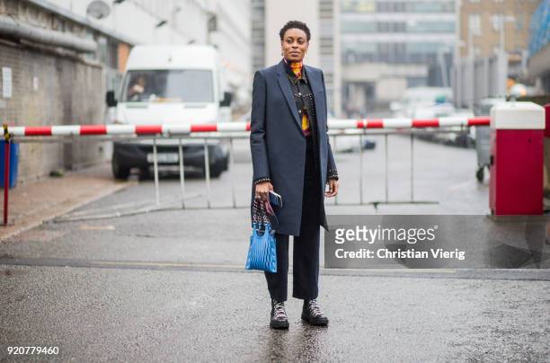Donna Wallace seen outside Marques Almeida during London Fashion Week February 2018 on February 19, 2018 in London, England.
