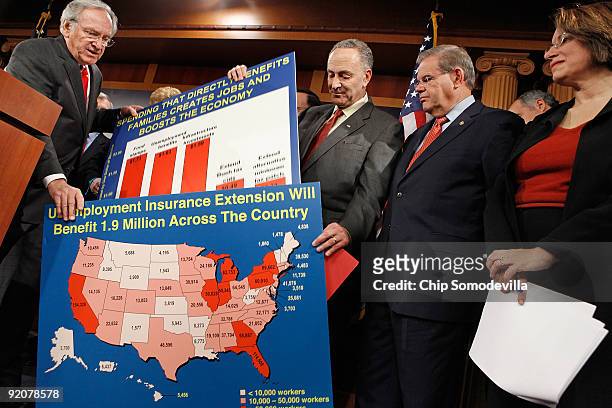 Sen. Tom Harkin gets a hand with his posters from Sen. Charles Schumer as Sen. Robert Menendez and Sen. Amy Klobuchar look on during a news...