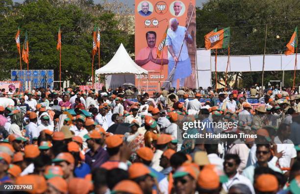 Supporters of BJP gathered at Maharaja ground for a political rally of the Prime Minister Narendra Modi ahead of state Assembly election on February...