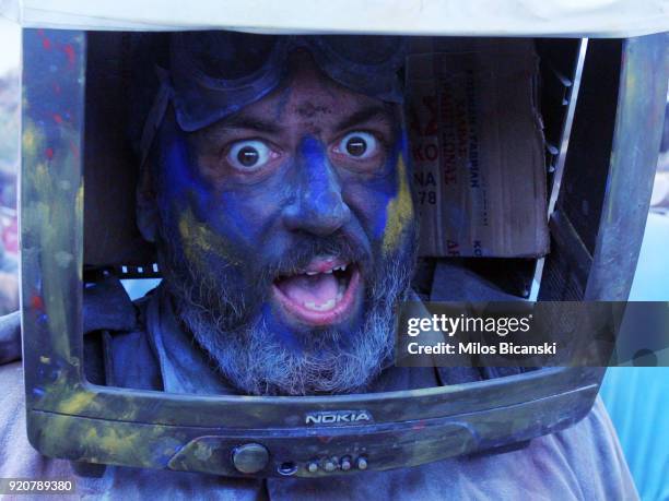 Local revellers celebrate 'Clean Monday' by throwing coloured flour at each other on February 19, 2018 in Galaxidi, Greece. Clean Monday, also known...