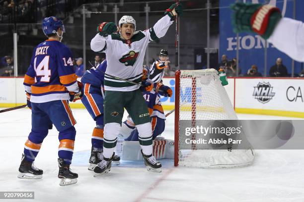 Joel Eriksson Ek of the Minnesota Wild celebrates after scoring a goal in the first peroid against the New York Islanders during their game at...