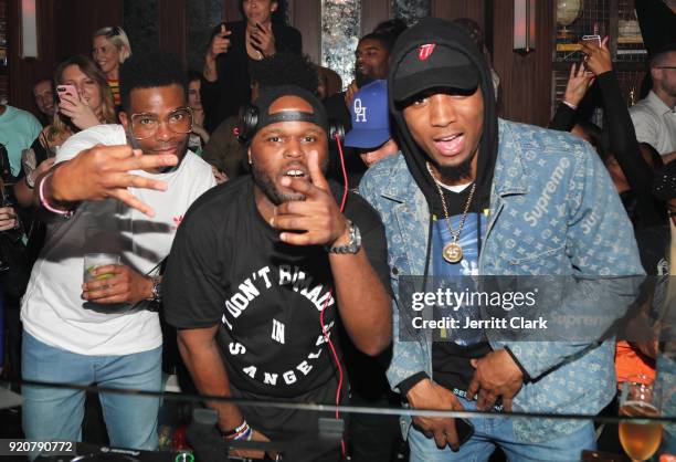 Marquise Watts of Adidas Basketball, DJ Steph Floss and NBA player Donovan Mitchell attend Adidas Closing Party presented by Remy Martin on February...