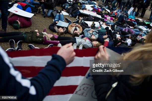 Demonstrators lie on the ground during a "lie-in" demonstration supporting gun control reform near the White House on February 19, 2018 in...
