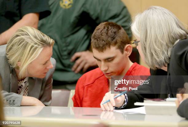 Nikolas Cruz appears in court with attorney Melissa McNeil for a status hearing before Broward Circuit Judge Elizabeth Scherer on February 19, 2018...