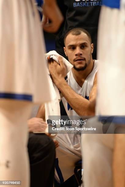 Indiana State Sycamores guard Brenton Scott sits in the team huddle during a timeout in the Missouri Valley Conference college basketball game...