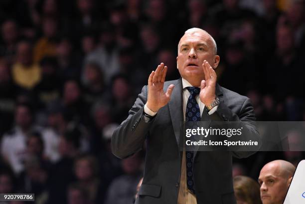 Penn State Nittany Lions head coach Patrick Chambers shouts the play call to his team during the Big Ten Conference college basketball game between...