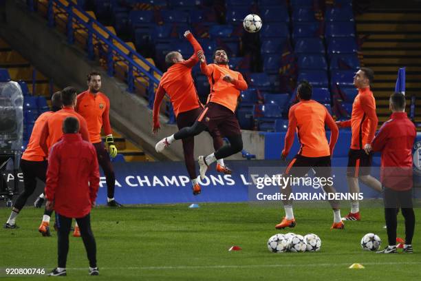 Barcelona's Uruguayan striker Luis Suarez takes part in a training session at Stamford Bridge stadium in London on February 19 on the eve of their...