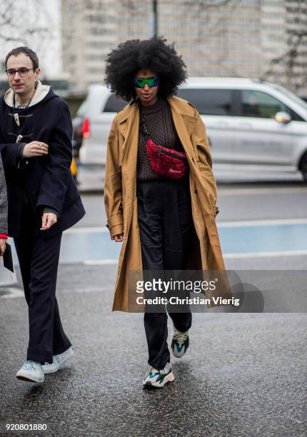 Julia Sarr Jamois wearing Supreme fanny bag seen outside Christopher Kane during London Fashion Week February 2018 on February 19, 2018 in London,...