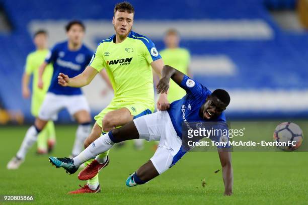 Bassala Sambou of Everton and Alex Cover of Derby County challenge for the ball during the Premier League 2 match between Everton U23 and Derby...