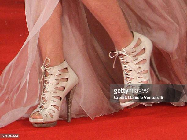 Shoes worn by actress Carolina Crescentini as she attends the 'Oggi Sposi' Premiere during day 6 of the 4th Rome International Film Festival held at...