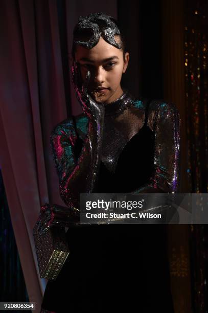 Model poses at the Sophia Webster AW18 presentation during London Fashion Week February 2018 at Hotel Cafe Royal on February 19, 2018 in London,...