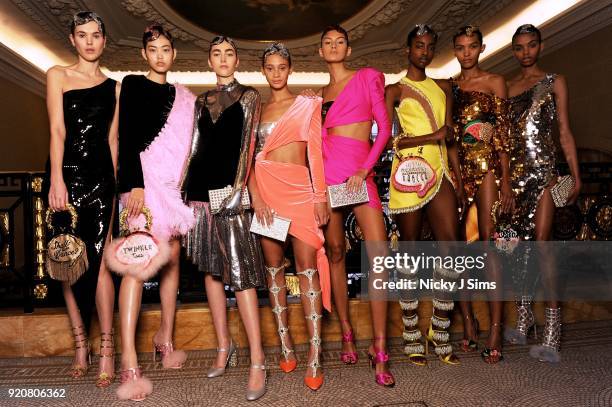 Models pose at the Sophia Webster AW18 presentation during London Fashion Week February 2018 at Hotel Cafe Royal on February 19, 2018 in London,...