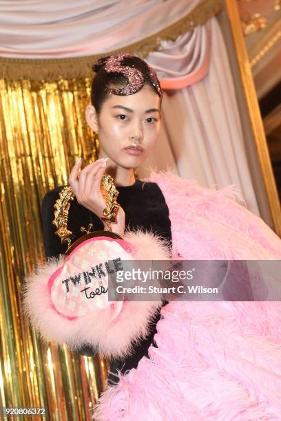 Model poses at the Sophia Webster AW18 presentation during London Fashion Week February 2018 at Hotel Cafe Royal on February 19, 2018 in London,...