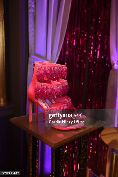 Detail view of shoes at the Sophia Webster AW18 presentation during London Fashion Week February 2018 at Hotel Cafe Royal on February 19, 2018 in...