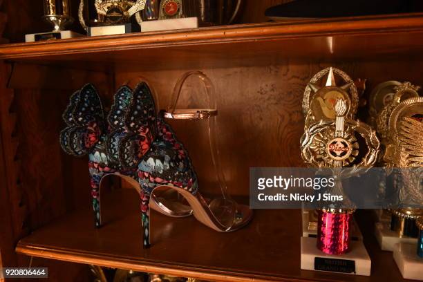 Detail view of shoes at the Sophia Webster AW18 presentation during London Fashion Week February 2018 at Hotel Cafe Royal on February 19, 2018 in...