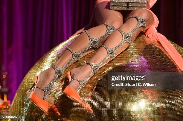 Detail view of shoes at the Sophia Webster AW18 presentation during London Fashion Week February 2018 at Hotel Cafe Royal on February 19, 2018 in...