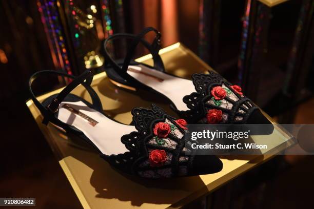 Detail view of shoes at the Sophia Webster AW18 presentation during London Fashion Week February 2018 at Hotel Cafe Royal on February 19, 2018 in...