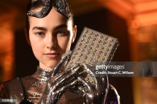 Model poses at the Sophia Webster AW18 presentation during London Fashion Week February 2018 at Hotel Cafe Royal on February 19, 2018 in London,...