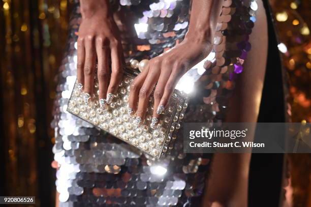 Detail view of a handbag at the Sophia Webster AW18 presentation during London Fashion Week February 2018 at Hotel Cafe Royal on February 19, 2018 in...