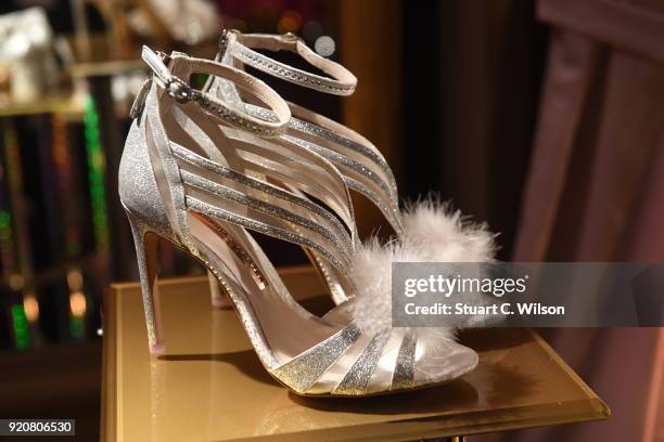 Detail view of shoes at the Sophia Webster AW18 presentation during London Fashion Week February 2018 at Hotel Cafe Royal on February 19, 2018 in...