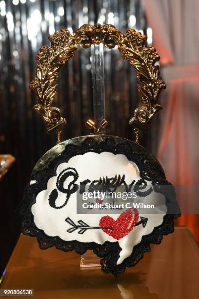 Detail view of a handbag at the Sophia Webster AW18 presentation during London Fashion Week February 2018 at Hotel Cafe Royal on February 19, 2018 in...