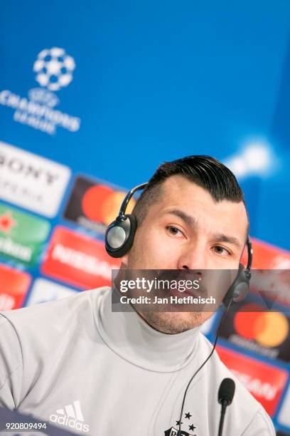 Gary Medel of Besiktas Istanbul talks to the media during a press conference ahead the UEFA Campions League match against FC Bayern Muenchen at...