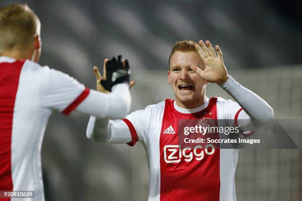 Dani de Wit of Ajax U23 celebrates 1-0 with Mitchell Bakker of Ajax U23 during the Dutch Jupiler League match between Ajax U23 v FC Oss at the De...