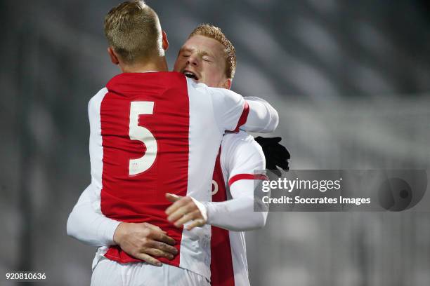 Dani de Wit of Ajax U23 celebrates 1-0 with Mitchell Bakker of Ajax U23 during the Dutch Jupiler League match between Ajax U23 v FC Oss at the De...