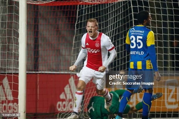 Dani de Wit of Ajax U23 celebrates 1-0 during the Dutch Jupiler League match between Ajax U23 v FC Oss at the De Toekomst on February 19, 2018 in...