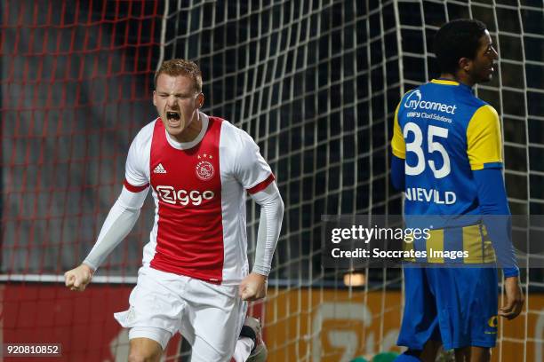 Dani de Wit of Ajax U23 celebrates 1-0 during the Dutch Jupiler League match between Ajax U23 v FC Oss at the De Toekomst on February 19, 2018 in...