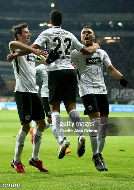 Timothy Chandler of Frankfurt celebrate with his team mates after he scores the equalizing goal during the Bundesliga match between Eintracht...