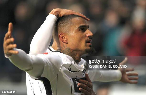 Frankfurt's Ghanaian midfielder Kevin-Prince Boateng celebrates scoring the 2-1 during the German First division Bundesliga football match Eintracht...