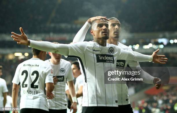 Kevin Boateng of Frankfurt celebrates after he scores the 2nd goal during the Bundesliga match between Eintracht Frankfurt and RB Leipzig at...