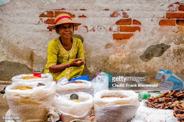 Woman is selling dried fish and lentils out of white plastic bags in the street market of town.