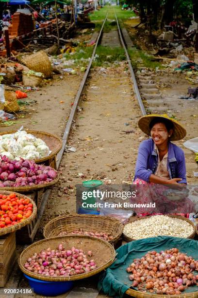 Woman is selling onions and tomatoes out of bamboo baskets in the street market of town, sitting on a railway track.