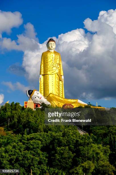 The Laykyun Sekkya Buddha and the Reclining Buddha statues are located on a hill in Maha Bodhi Ta Htaung near Khatakan Taung village.
