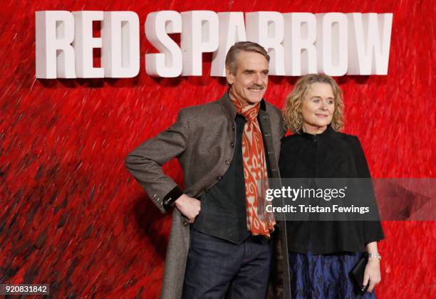 Jeremy Irons and Sinead Cusack attend the "Red Sparrow" European premiere at the Vue West End on February 19, 2018 in London, England.