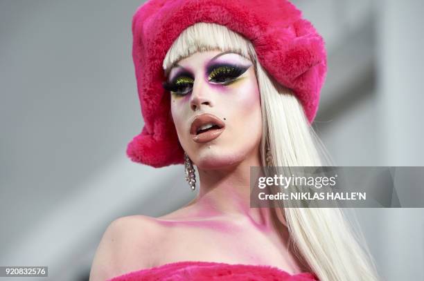 Model presents a creation from design house Nicopanda during their catwalk show on the fourth day of London Fashion Week Autumn/Winter 2018 in London...