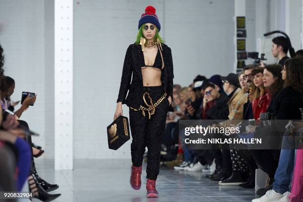 Model presents a creation from design house Nicopanda during their catwalk show on the fourth day of London Fashion Week Autumn/Winter 2018 in London...