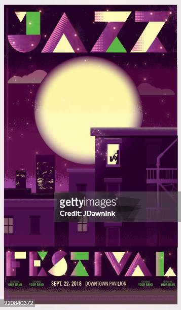 retro jazz festival concert poster template with city skyline at night - concert poster stock illustrations