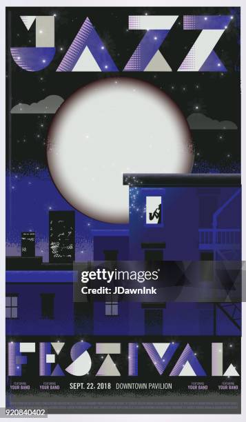 retro jazz festival concert poster template with city skyline at night - concert poster stock illustrations