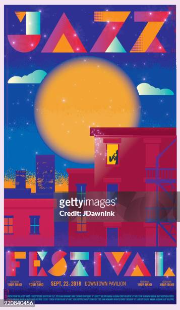 retro jazz festival concert poster template with city skyline at night - concert poster stock illustrations