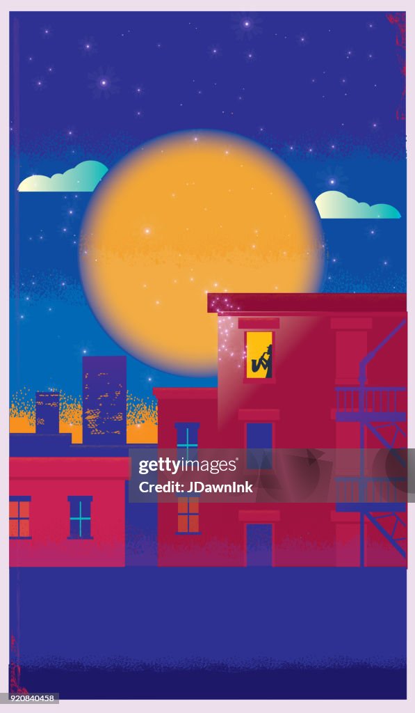 Retro jazz player in lit window with city skyline at night and full moon