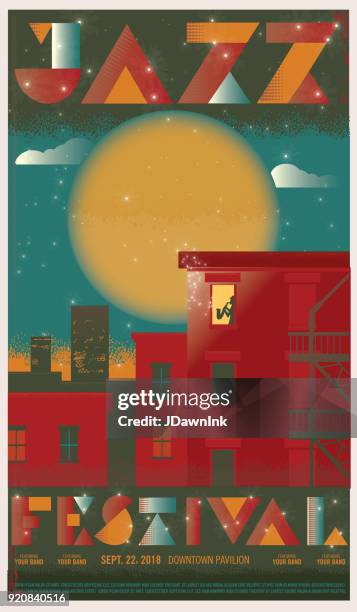 retro jazz festival concert poster template with city skyline at night - concert poster stock illustrations