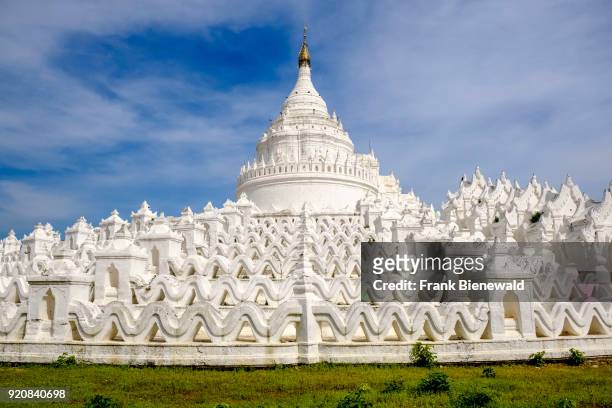 The white building structures of the Hsinbyume Paya Pagoda in Mingun.