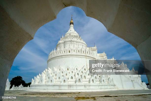 The white building structures of the Hsinbyume Paya Pagoda in Mingun.