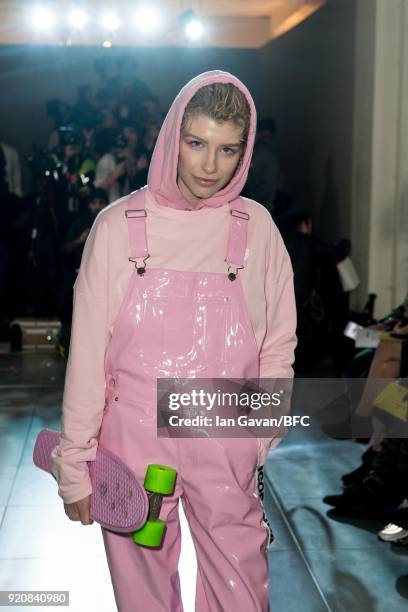 Charlie Barker attends the Nicopanda show during London Fashion Week February 2018 at TopShop Show Space on February 19, 2018 in London, England.