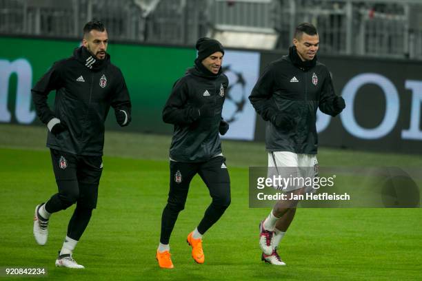 Alvaro Negredo, Nesip Uysal and Pepe of Besiktas Istanbul during a training session ahead the UEFA Campions League match against FC Bayern Muenchen...