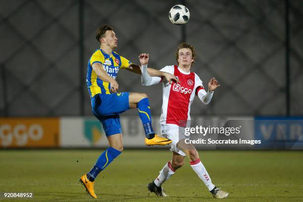 Mats Grotenbreg of FC Oss, Leon Bergsma of Ajax U23 during the Dutch Jupiler League match between Ajax U23 v FC Oss at the De Toekomst on February...