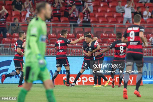 Christopher Ikonomidis of the Wanderers celebrates kicking a goal which is later called offside by the linesman during the round one A-League match...
